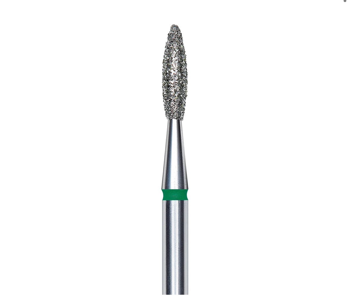 Staleks Diamond nail drill bit, pointed flame green head diameter 2,1mm/ working part 8 mm (FA10G021/8)