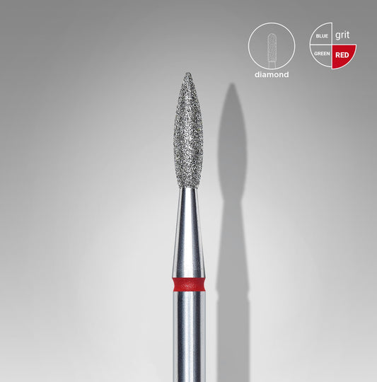 Staleks Diamond nail drill bit, pointed flame red head diameter 2.1 mm/ working part 8 mm (FA11R021/8)